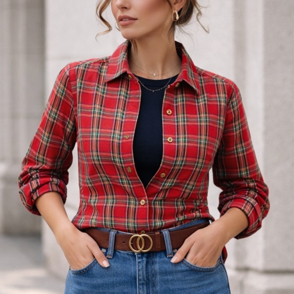 Talbots Petites Red Plaid Shirt Academia Preppy Classic Tartan Cotton Blend 14P